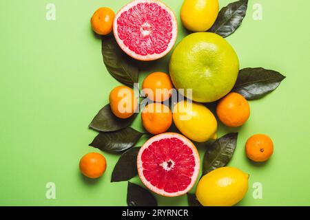 Verschiedene Zitrusfrüchte und Blätter auf grünem Hintergrund Stockfoto