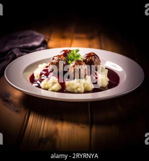 Eine Platte mit Kartoffelpüree und herzhaften Fleischbällchen, bedeckt mit einer reichhaltigen, cremigen Soße Stockfoto
