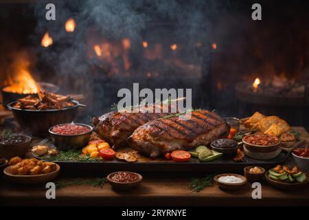 Ein attraktives Bild einer gerösteten Fleischplatte mit einem saftigen Stück Protein, begleitet von Kartoffeln und einer Auswahl an farbenfrohem Gemüse Stockfoto