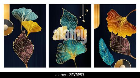 floral funktionale Leinwandkunst, ginko-Blätter, Federn und Baumzweige Aquarell-Geodenmalerei. Marmorierte wellenförmige Formen auf dunkelblauem Marmorhintergrund. Stockfoto