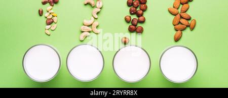 Set veganer Milch ohne Tagebuch. Gesundheit, Ernährung und Ernährungskonzept. Bannerformat Stockfoto