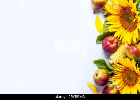 Herbst Hintergrund. Rand aus Sonnenblumen, Mais und Birnen. Stockfoto