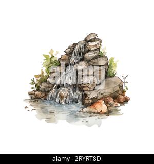 Aquarellillustration von wunderschönem Wasserfall und Bergen auf weiß Stockfoto