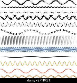 zick-Zack-schwarze Linien. Vektor-Zickzack-Linien und Wellen, Squiggle wellige Linien Rahmen mit einem Wackeln. Parallele Rahmen. Design der nahtlosen Wassergrafik. Stock Vektor