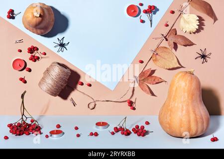 Herbst Layout mit Kürbissen, diy Girlande und Beeren in Pastellfarben. Doppelte Zusammensetzung von Draufsicht und Vorderansicht Stockfoto