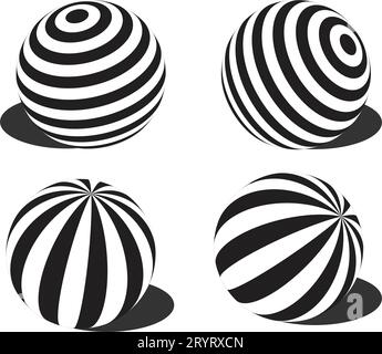 Streifenkugeln. 3D-Kugel. Set aus Kugeln und Kugeln auf weißem Hintergrund mit Schatten. Vektorabbildung. Kugel oder Kugel, Formen Stock Vektor