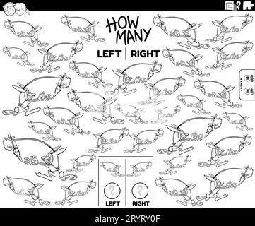 Schwarz-weißer Cartoon, Darstellung eines Lernspiels, bei dem links und rechts ausgerichtete Bilder eines lustigen Kaninchens gezählt werden, das eine Karottenfarbseite verfolgt Stockfoto