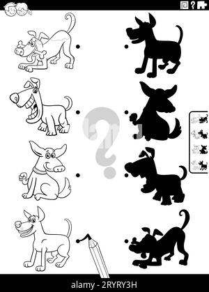 Schwarz-weiß-Cartoon-Darstellung der passenden Schatten zu Bildern pädagogische Aktivität mit lustigen Hunden Malseite Stockfoto