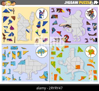 Cartoon-Darstellung von pädagogischen Puzzlespielen mit Fantasiefiguren Stockfoto