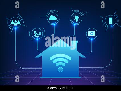 Die Wi-Fi-Technologie verwendet ein WLAN-Signal, um das Signal an Geräte zu verteilen, die Kommunikation, Unterhaltung und Geschäfte verwenden, die im HO durch das wlan-Symbol getroffen werden Stock Vektor
