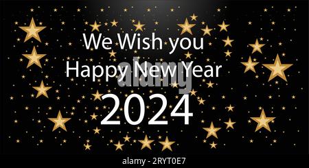 Wir wünschen Ihnen ein frohes neues Jahr 2024. Wir wünschen Ihnen ein frohes neues Jahr 2024 Grußhintergrund mit einem hellen glitzernden Feuerwerk auf schwarzem Hintergrund. Neujahr 202 Stock Vektor