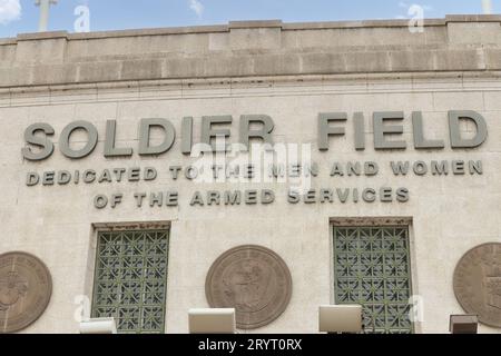 Soldier Field ist die Heimat der Chicago Bears und gehört dem Chicago Park District. Das Stadion bietet Platz für 61.500 Personen für Sport und Konzerte. Stockfoto