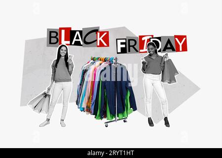 Kreative Collage der Vielfalt neue Kollektion Hemden Garderobe Racks schwarz freitag Umkleideraum Mädchen Shopping isoliert auf weißem Hintergrund Stockfoto