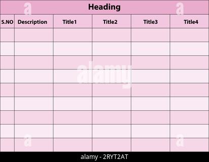 Tabellenlayout, 4 verschiedene rosafarbene Farben Tabellenformat, Vektor, kreatives Tabellenlayout Stock Vektor