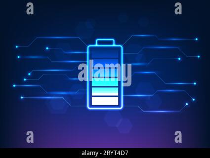 Die Batterietechnologie ist mit dem Stromkreis verbunden. Es handelt sich um eine Vektorillustration in Blautönen. Der Hintergrund sind geometrische Formen. Das Konzept der Batterie Stock Vektor