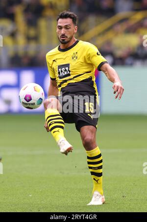 firo: 23.09.2023, Fußball, 1. Liga, 1. Bundesliga, Saison 2023/2024, BVB, Borussia Dortmund - VfL Wolfsburg 1:0 Mats HUMMELS, BVB Einzelaktion Stockfoto