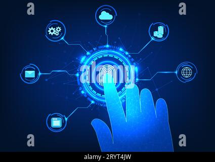 Sicherheitstechnologie Fingerabdruck mit Fingerabdruck, umgeben von einem Technologiekreis mit Symbol, stellt eine Sicherheitstechnologie dar, die Fingerabdruck-sca verwendet Stock Vektor