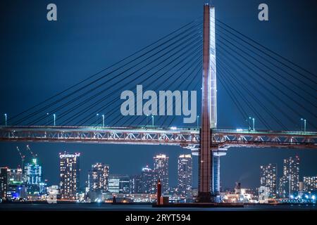 Yokohama Bay Bridge und Yokohama Minato Mirai mit Blick auf die Nacht Stockfoto