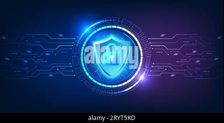 Sicherheitstechnologie, Schild mit einem Schloss im Inneren, mit einem Technologiekreis mit einer Leiterplatte an der Seite. Es handelt sich um eine Technologie, die Cyberdaten schützt Stock Vektor