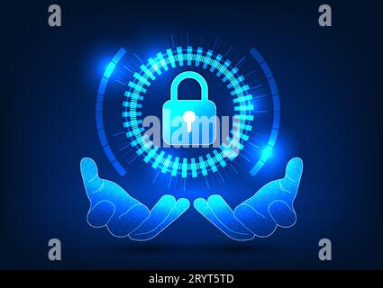 Sicherheitstechnik, die Hand hält ein Schloss in einem Technologiekreis. Es handelt sich um eine vom Menschen geschaffene Innovation zum Schutz personenbezogener Daten vor Beschädigung Stock Vektor