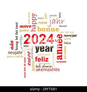 Grußkarte für das neue Jahr 2024 mit mehrsprachigem Textwort „Cloud Square“ Stockfoto