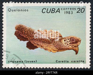 Die Karettschildkröte (Caretta caretta), jung. „Quelonios“ – Schildkröten. Briefmarke, ausgestellt 1983 in Kuba. Stockfoto