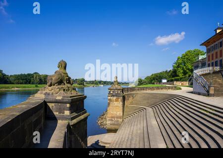 Barocker Treppenflug von Pöppelmann und Longuelune am Ufer der Elbe und Elbradweg vor Schloss Pillnitz, Sachsen. Stockfoto