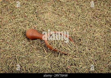 Getrocknete Kräuter Rosmarinblatt, Nahaufnahme eines Rosmarinhintergrundes Essen. Bio getrocknetes Rosmarin Gewürz. Trockene Kräuter duftende nadelartige Blätter Würzen. Stockfoto