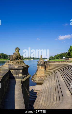 Pillnitz, Dresden, Sachsen, Deutschland Barocke Freitreppe von Pöppelmann und Longuelune am Elbufer und Elberadweg vor Schloss Pillnitz, Dresden, Sachsen, Deutschland, nur zur redaktionellen Verwendung. Barocke Treppenfahrt von Pöppelmann und Longuelune am Elbufer und Elbradweg vor Schloss Pillnitz, Dresden, Sachsen, Deutschland, nur zur redaktionellen Verwendung. Stockfoto