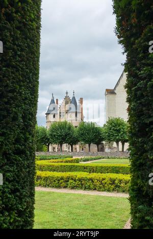 Angers, Frankreich, 2023. Die Châtelet, die den Zugang zu den inneren Stationen durch den Bogen einer Eibenlaube im formellen Garten (vertikal) kontrolliert Stockfoto