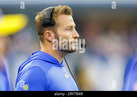 1. Oktober 2023: Der Cheftrainer der Los Angeles Rams, Sean McVay, spielt in der NFL gegen die Indianapolis Colts in Indianapolis. John Mersits/CSM. Stockfoto