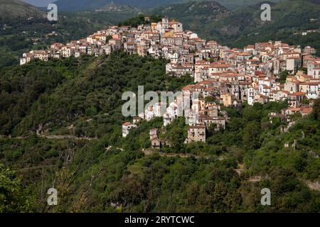 Blick auf die weiße Stadt Rivello, mediterranes Bergdorf in der Natur, Kampanien, Salerno Italien Stockfoto