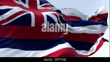 Nahaufnahme der Flagge des Bundesstaates Hawaii, die an einem klaren Tag im Wind winkt Stockfoto