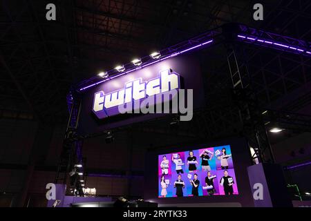 Chiba, Japan. September 2023. Online-Streaming-Plattform Twitch-Branding auf der Tokyo Game Show 2023. Quelle: SOPA Images Limited/Alamy Live News Stockfoto
