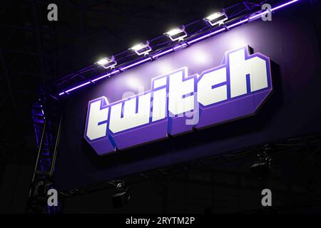 Chiba, Japan. September 2023. Online-Streaming-Plattform Twitch-Branding auf der Tokyo Game Show 2023. (Bild: © Stanislav Kogiku/SOPA Images via ZUMA Press Wire) NUR REDAKTIONELLE VERWENDUNG! Nicht für kommerzielle ZWECKE! Stockfoto
