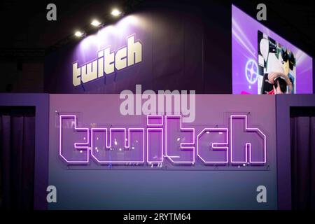 Chiba, Japan. September 2023. Online-Streaming-Plattform Twitch-Branding auf der Tokyo Game Show 2023. (Foto: Stanislav Kogiku/SOPA Images/SIPA USA) Credit: SIPA USA/Alamy Live News Stockfoto