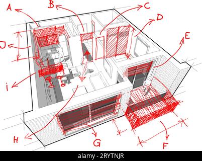 Apartmentdiagramm mit handgezeichneten Architektennotizen Stockfoto