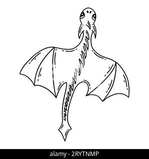 Fliegender Drache. Schwarz-weiß Vektor isolierte Illustration Hand gezeichnete Doodle. Symbol des Jahres 2024. Reptilien aus asiatischen Ländern, orientalische Tiere Stock Vektor