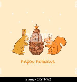 Hase und Eichhörnchen schmücken den Kiefernkegel wie einen Neujahrsbaum für den Urlaub. Schneit. Text „Happy Holidays“. Bunte Vektor-Illustration Hand gezeichnetes Doodl Stock Vektor