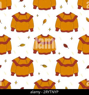 Nahtloses Muster mit gemütlichem orangefarbenem Strickpullover mit Herbstblättern und Sternen. Warme Kleidung der Saison. Bunte Vektor-Illustration von Hand gezeichnet. Herbst s Stock Vektor
