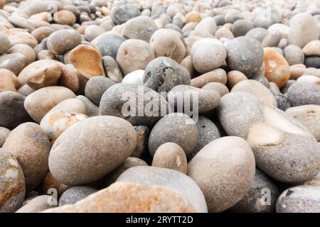 Farbige und geformte Steine am Strand bei Beer in Devon UK. Juli 2023 Stockfoto