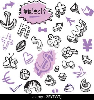 Set von Objekten Elemente Icons mit Währung, Euro und Dollar Geld Doodles in verschiedenen Farben - Vektor Design Illustration von Hand gezeichnete Kunst Stock Vektor