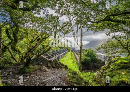 Dies sind Minenhütten der Anglesey Barracks im verlassenen Dinorwig Schieferbruch in der Nähe des walisischen Dorfes Llanberis im Snowdonia-Nationalpark Stockfoto