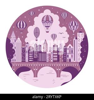 Vintage Heißluftballon, der über die Stadt fliegt Stock Vektor