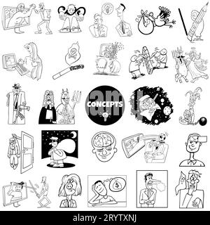 Schwarz-weiß-Abilustrationsset mit humorvollen Cartoon-Konzepten oder Metaphern und Ideen mit Comic-Charakteren Stockfoto