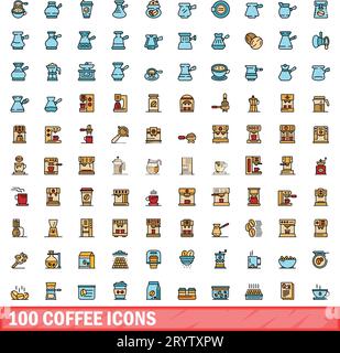 100 Kaffeesymbole eingestellt. Farbliniensatz mit Kaffeevektorsymbolen dünne Linie flach auf weiß Stock Vektor