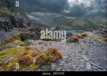 Dies sind einige Minenarbeiter-Cottages im verlassenen Dinorwig Schieferbruch in der Nähe des walisischen Dorfes Llanberis im Snowdonia-Nationalpark Stockfoto