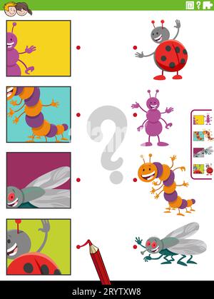 Cartoon-Darstellung eines informativen Spiels mit Insekten, Tierfiguren und Bildausschnitten Stockfoto