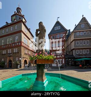 Marktbrunnen mit Rathaus und Fachwerkhäusern am Buttermarkt, Herborn, Deutschland, Europa Stockfoto