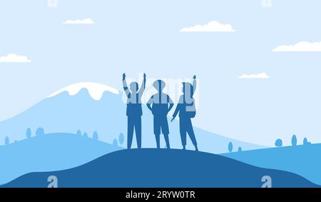 Freunde auf dem Berg, Ziele setzen und erreichen Metapher. Glückliche Leute Gruppe Silhouette, flache Person Urlaub auf der Natur jüngste Vektorszene Stock Vektor